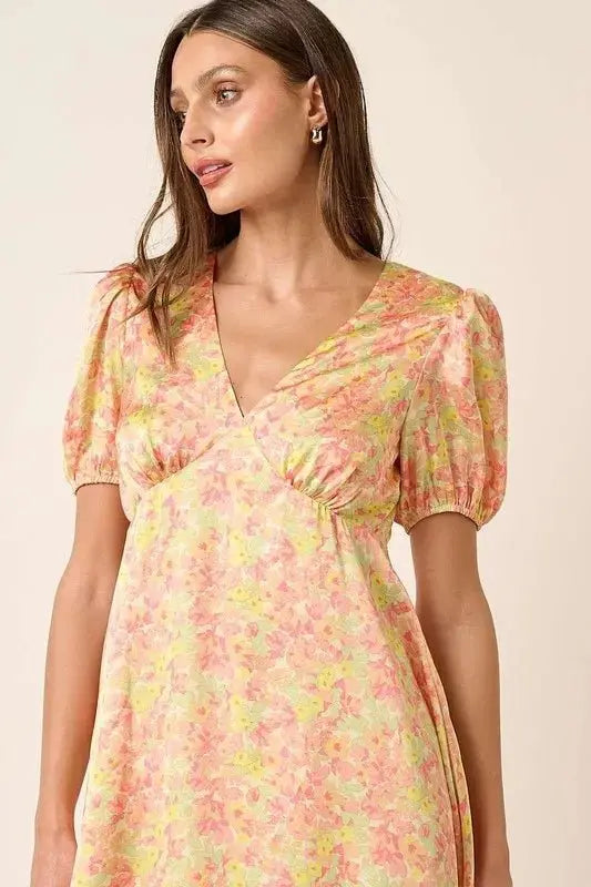Dresses Trendsi Printed Mini Dress Women's Casual V-Neck Puff Sleeve Dress - USA Ship