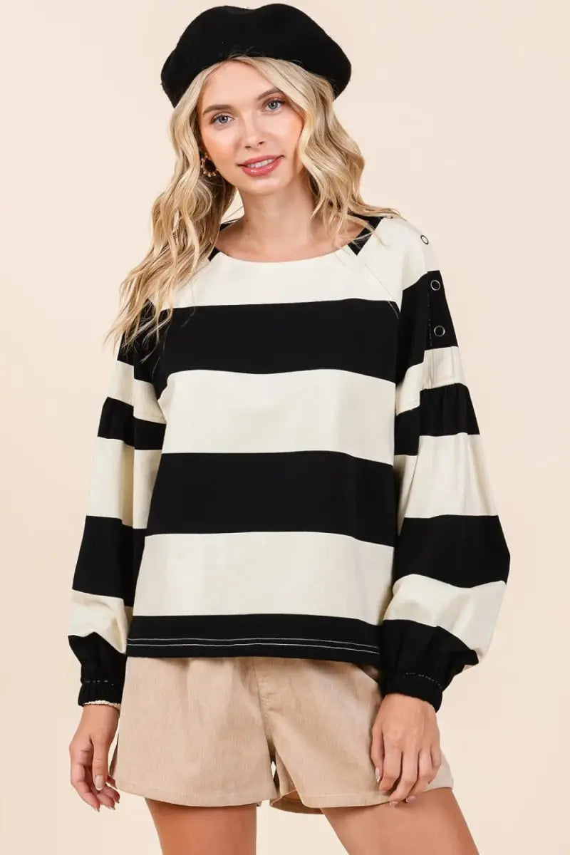 T-Shirts Trendsi Striped Snap Shoulder Women's T-Shirt Casual Long Sleeve Top