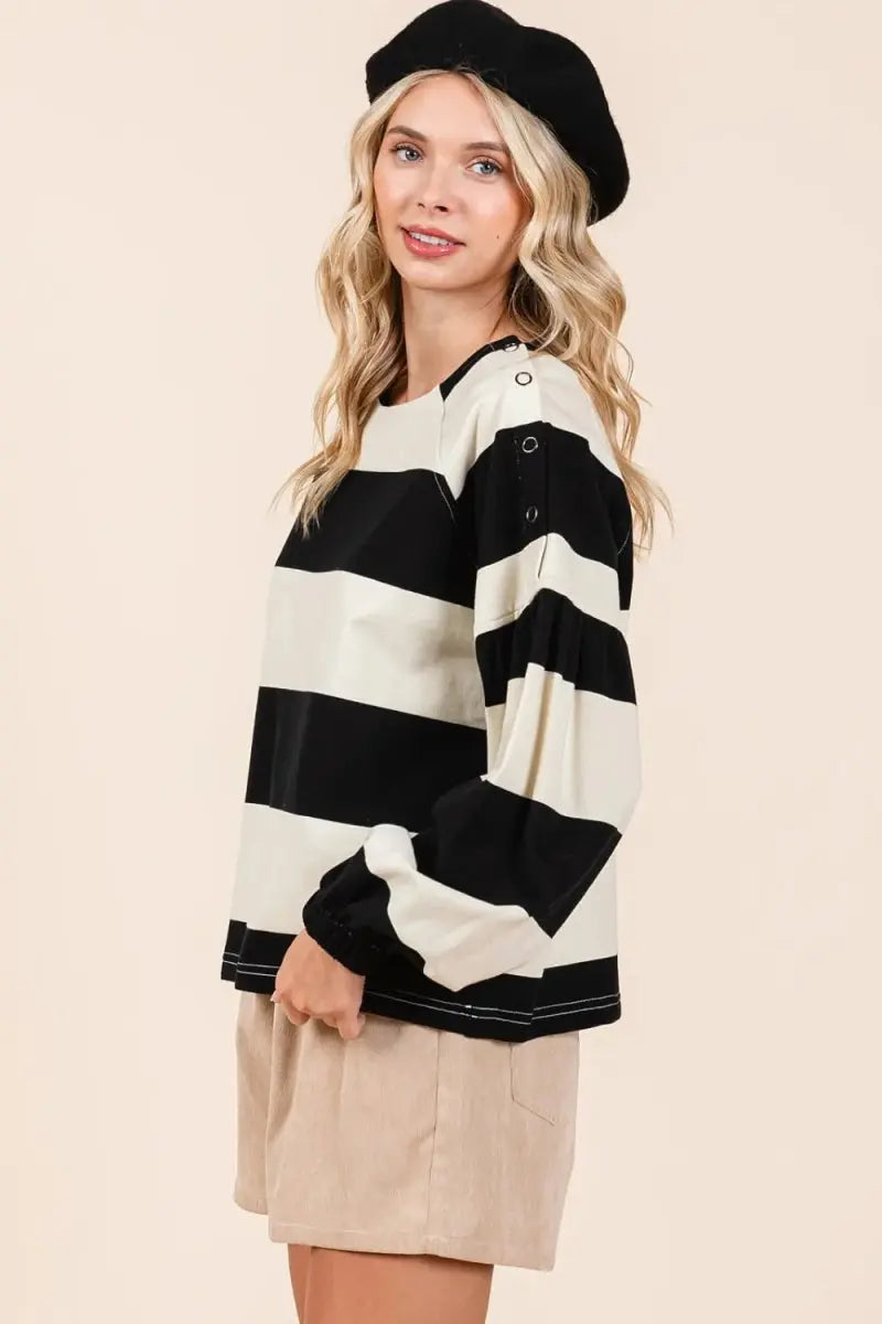 T-Shirts Trendsi Striped Snap Shoulder Women's T-Shirt Casual Long Sleeve Top