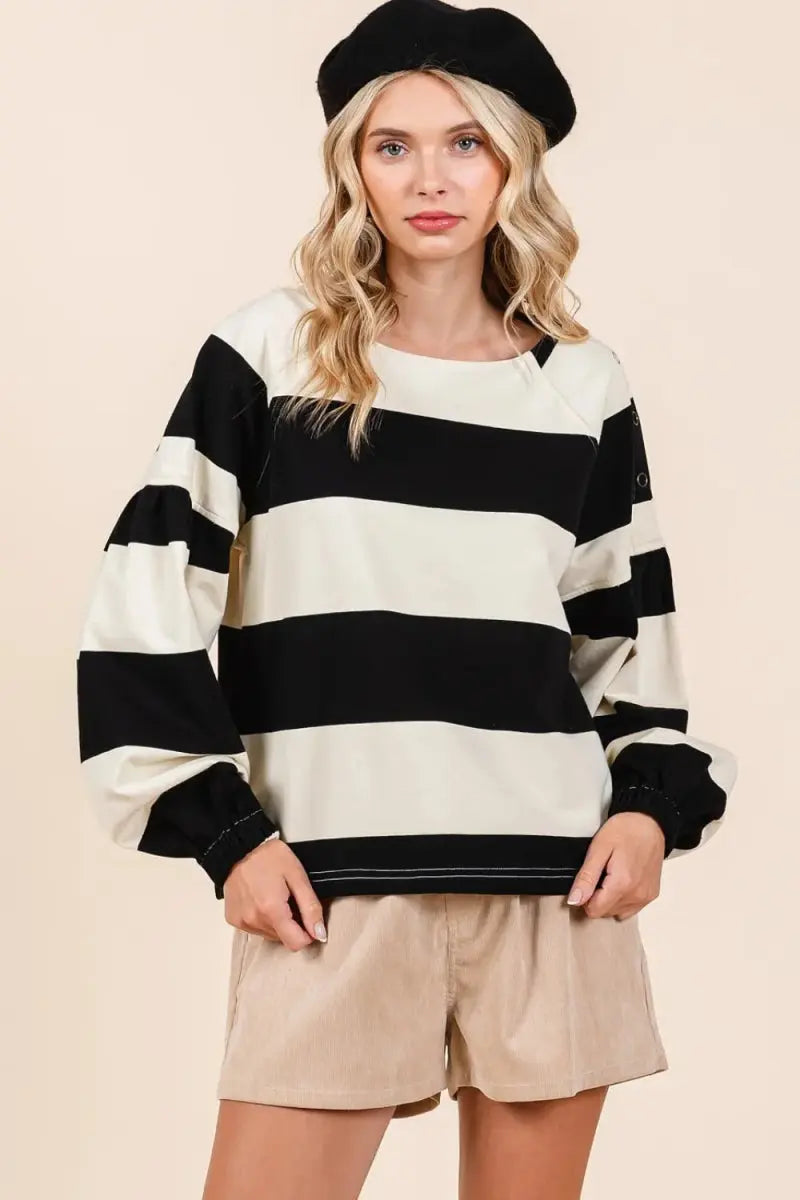 T-Shirts Trendsi Striped Snap Shoulder Women's T-Shirt Casual Long Sleeve Top