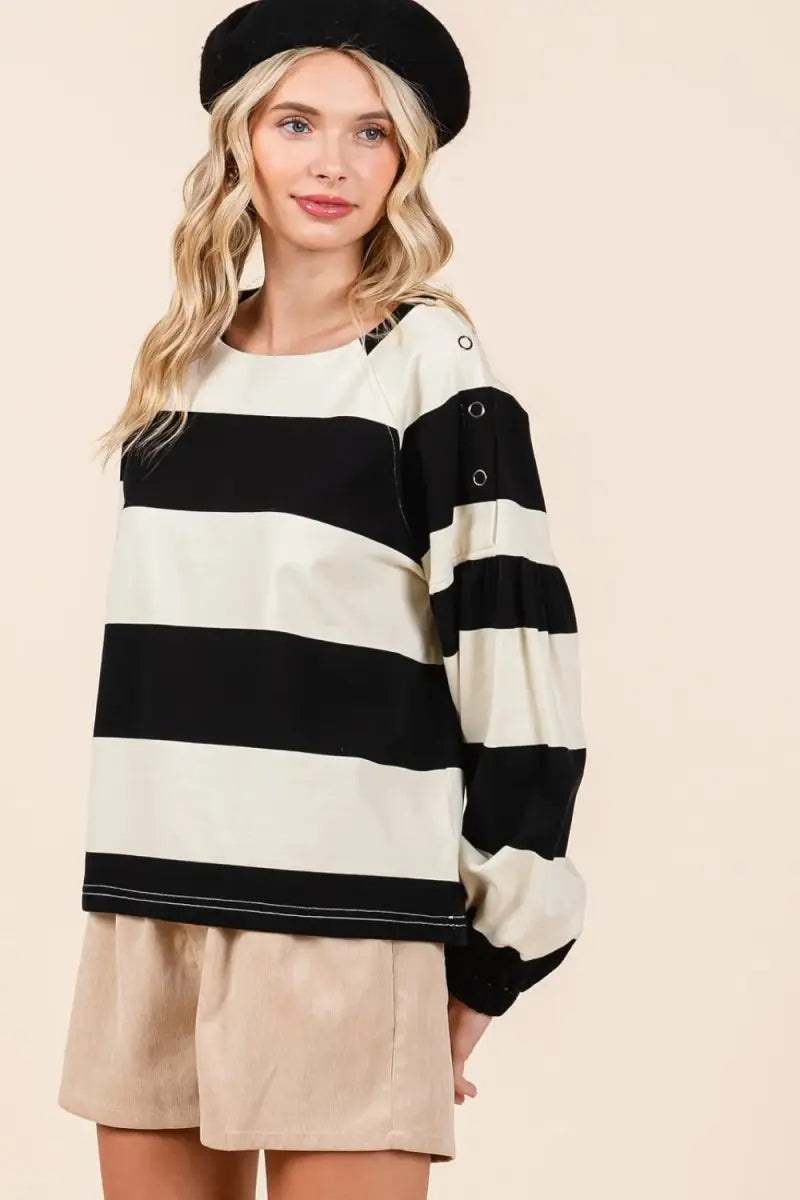 T-Shirts Trendsi Striped Snap Shoulder Women's T-Shirt Casual Long Sleeve Top