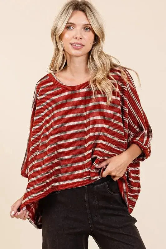 Pants Trendsi Striped Dolman Top Women's Casual Tee Comfy Fit USA Shipped