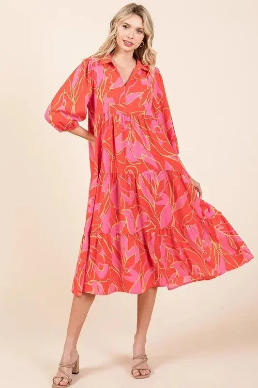 Dresses Trendsi Printed Midi Dress Women's Casual Style Cute Collared Neck Dress