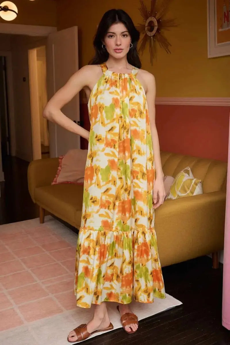 Dresses Trendsi Watercolor Satin Dress Women's Party Maxi Dress - Halter Neck, USA Ship