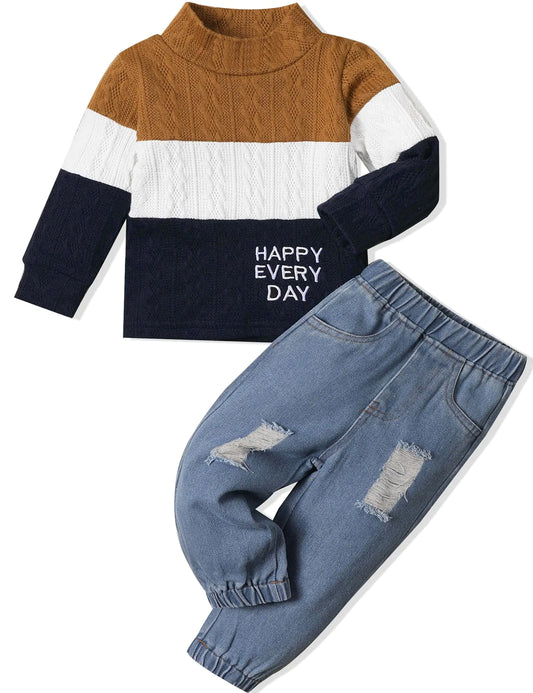 mksodopy Toddler Boy Clothes Color Block Sweater Jeans-Toddler Boy Fall Winter Outifts-Toddler Boy Clothing Set - # BOAA11310008