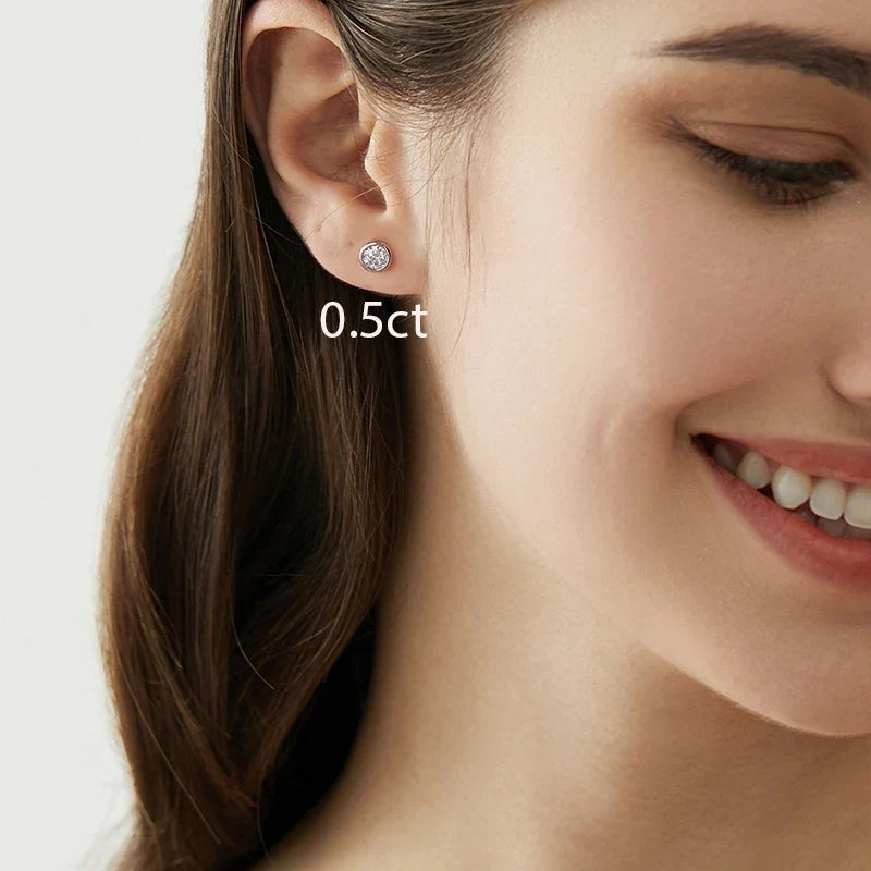 Round Bezel Moissanite Stud Earrings in Sterling Silver