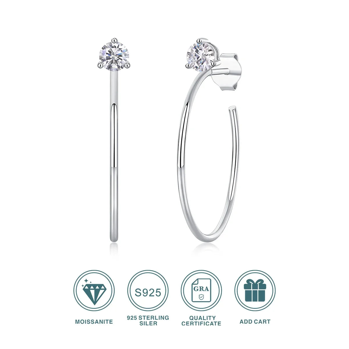 Open Hoop Moissanite Stud Earrings in Sterling Silver