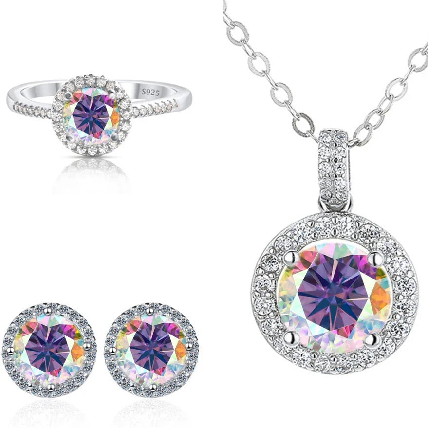 6.5mm Moissanite 925 Sterling Silver Bridal Jewelry Set Ring Earring Pendant