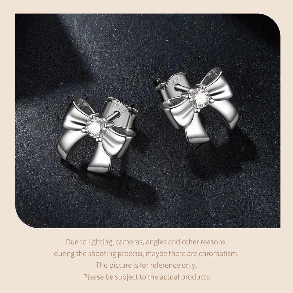 Moissanite Bowknot Stud Earrings S925 Silver Clip-On Wedding Engagement Gift