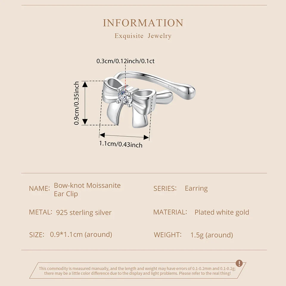 Moissanite Bowknot Stud Earrings S925 Silver Clip-On Wedding Engagement Gift