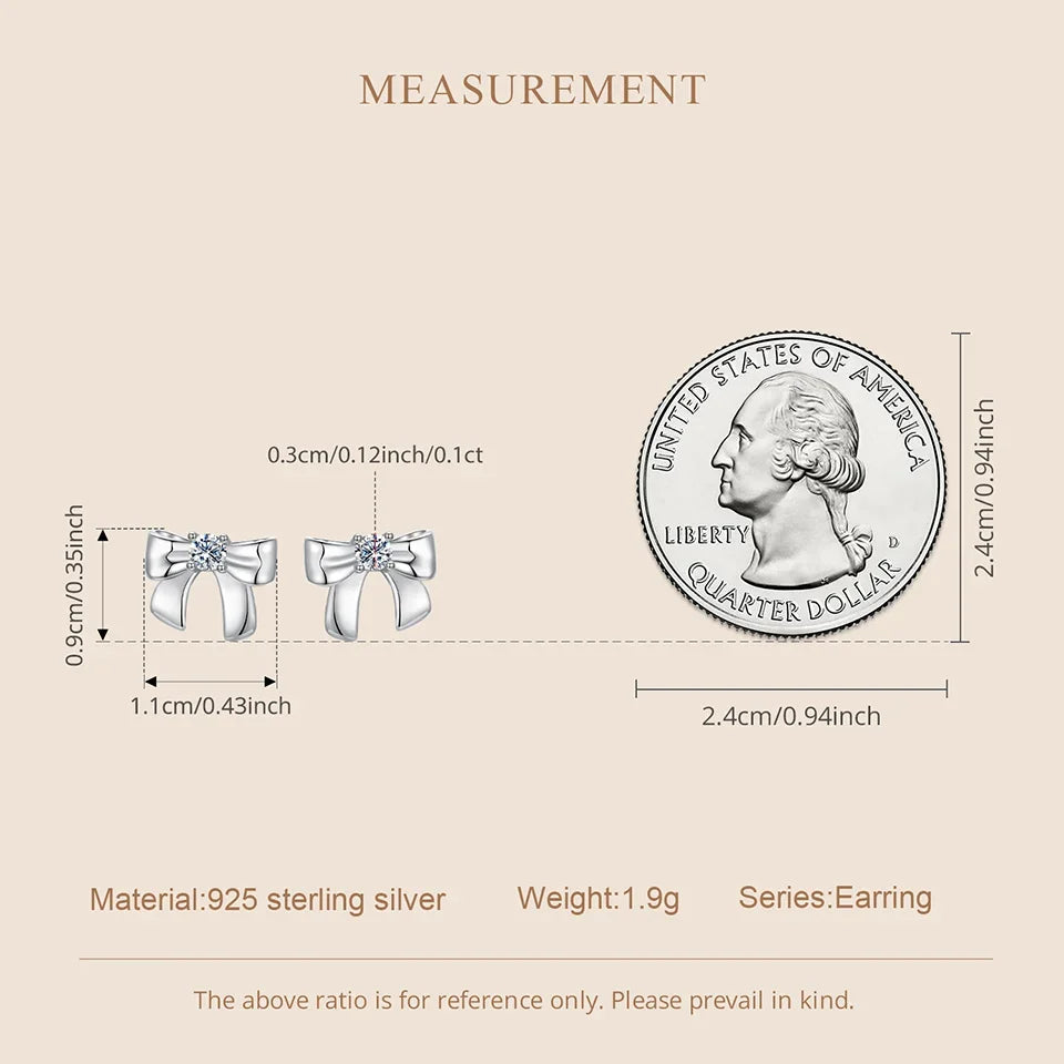 Moissanite Bowknot Stud Earrings S925 Silver Clip-On Wedding Engagement Gift