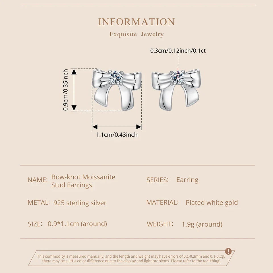 Moissanite Bowknot Stud Earrings S925 Silver Clip-On Wedding Engagement Gift