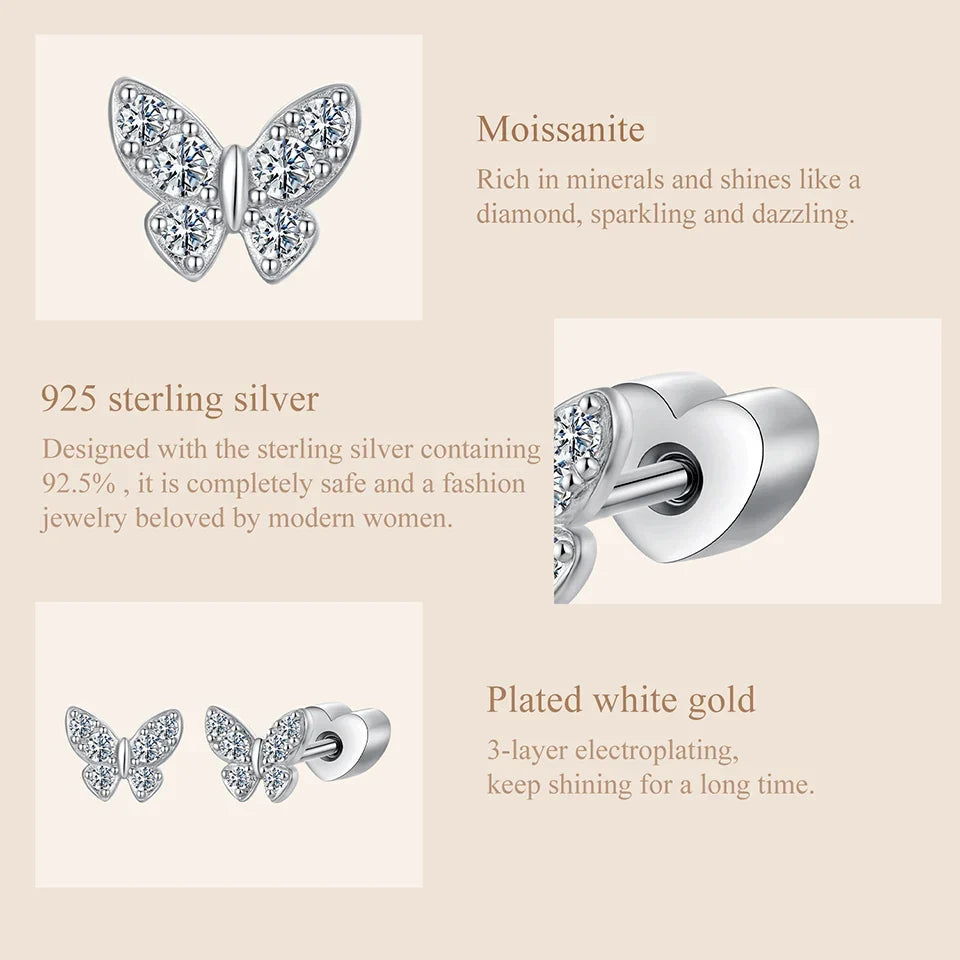 Butterfly & Clover Moissanite Stud Earrings in Sterling Silver
