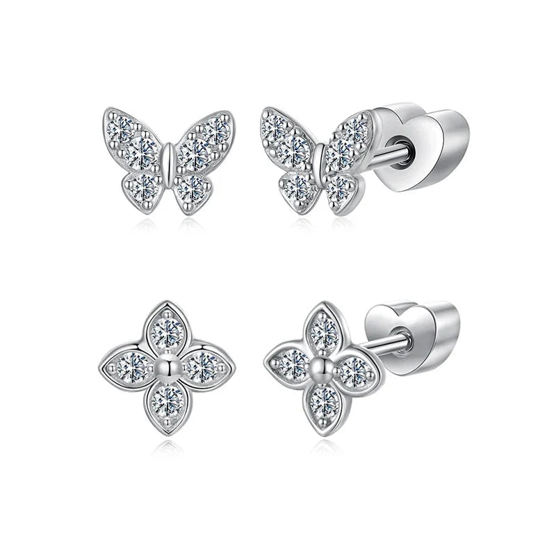 Butterfly & Clover Moissanite Stud Earrings in Sterling Silver