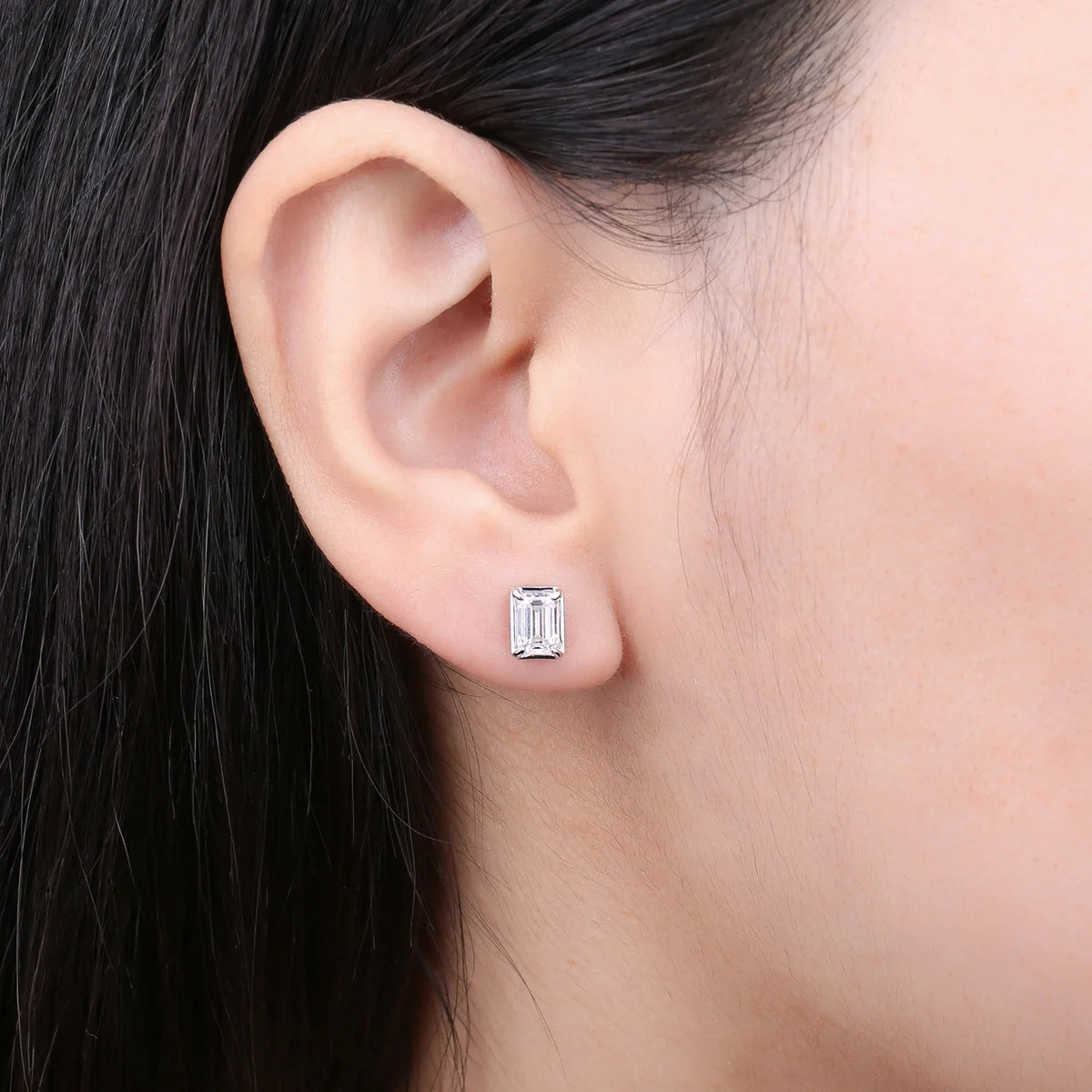 Emerald-Cut Moissanite Stud Earrings in Sterling Silver