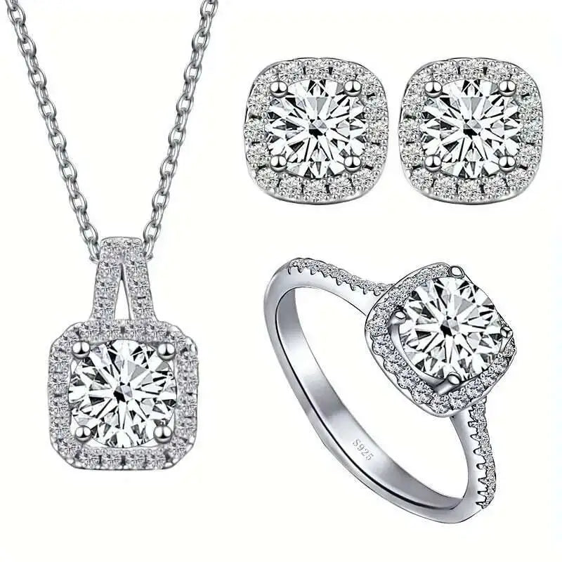 Moissanite D Color Round Cut 925 Sterling Silver Pendant Necklace and Studs Set