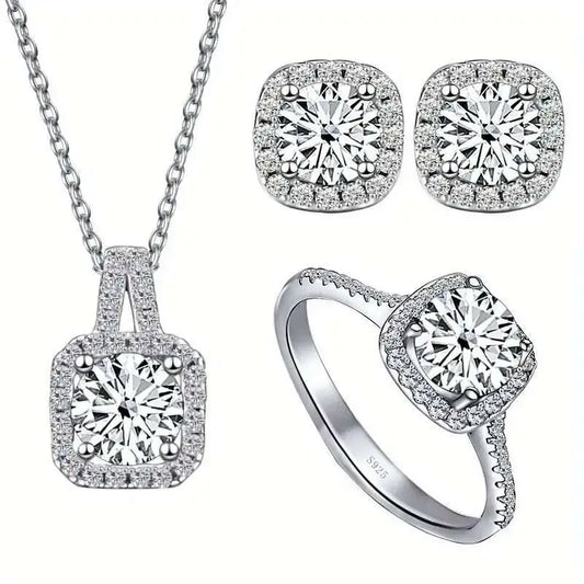 Moissanite D Color Round Cut 925 Sterling Silver Pendant Necklace and Studs Set