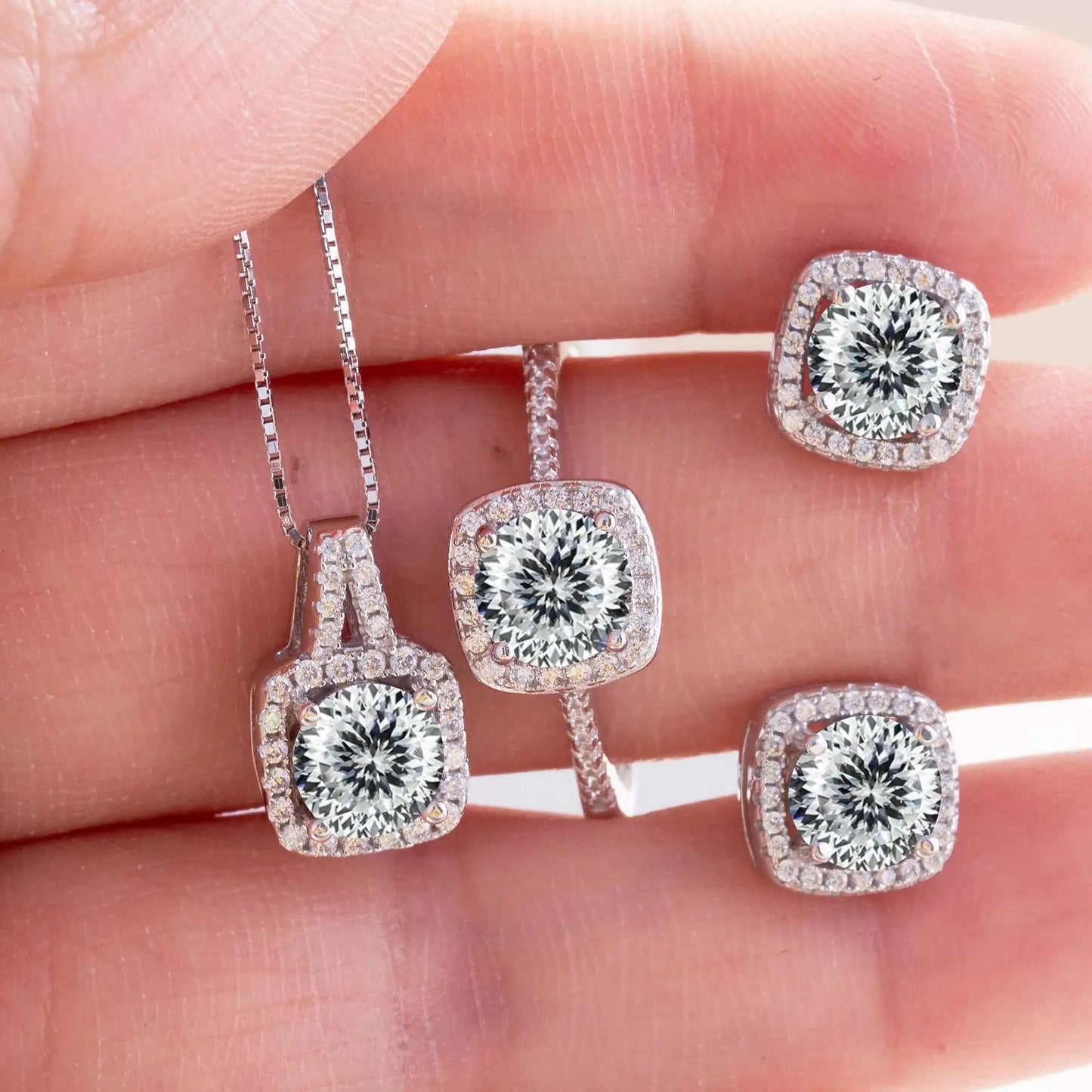 Moissanite D Color Round Cut 925 Sterling Silver Pendant Necklace and Studs Set