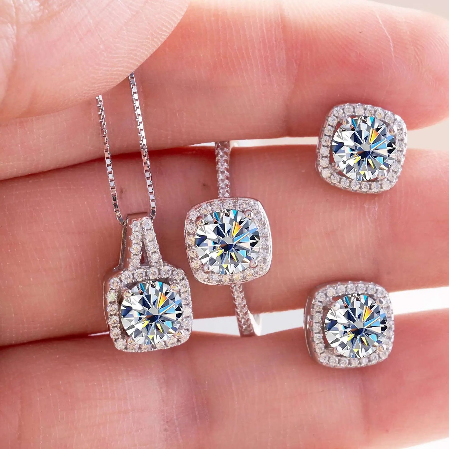 Moissanite D Color Round Cut 925 Sterling Silver Pendant Necklace and Studs Set