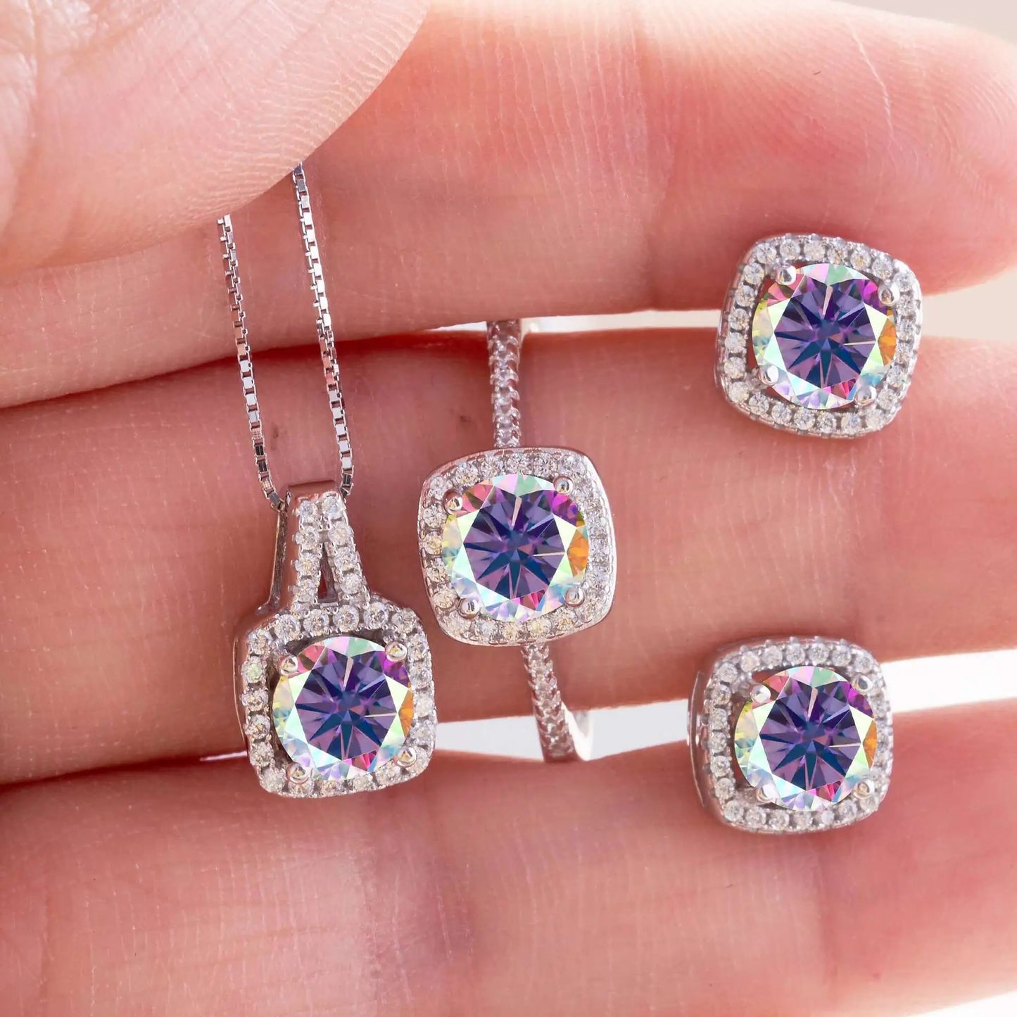 Moissanite D Color Round Cut 925 Sterling Silver Pendant Necklace and Studs Set