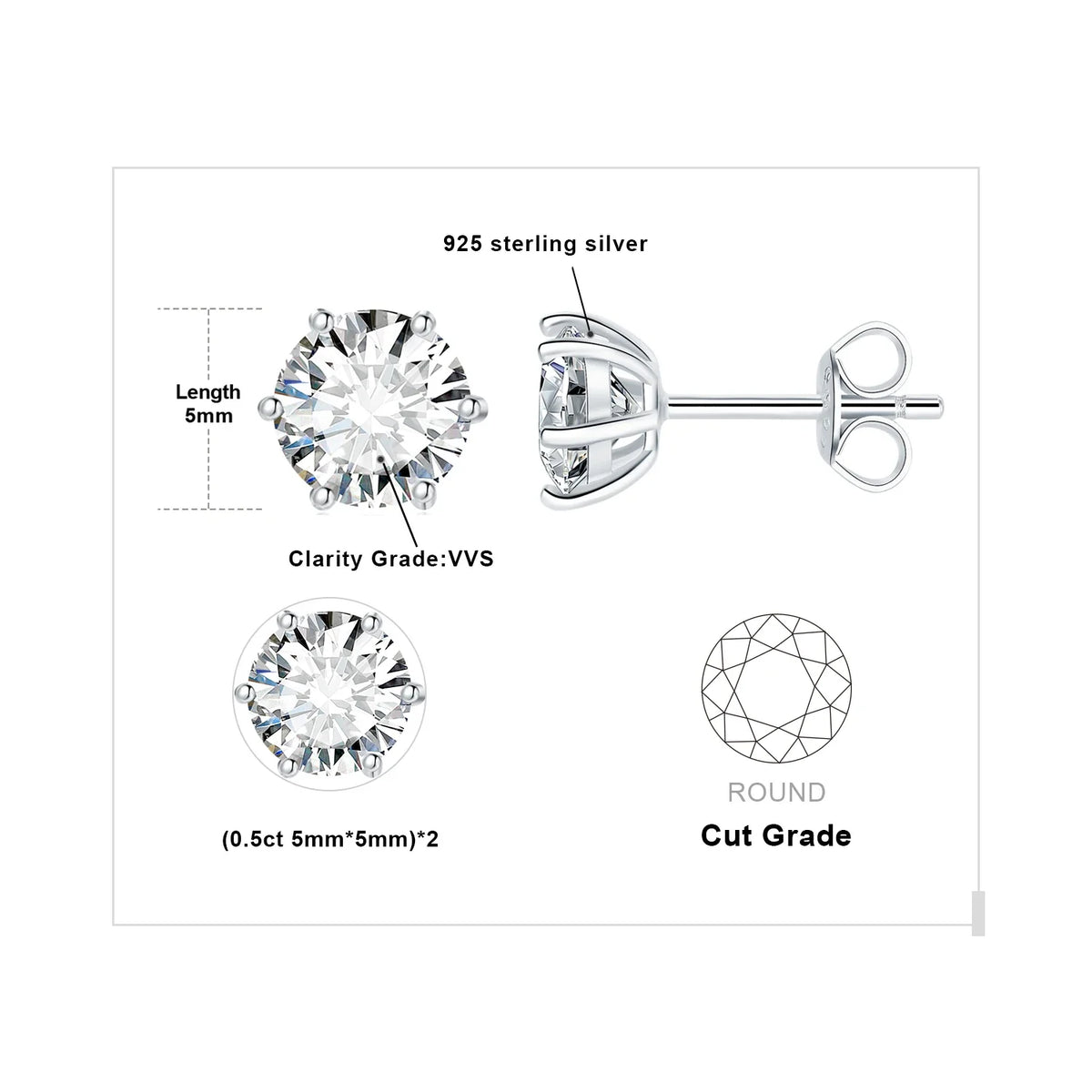 Round Moissanite Solitaire Stud Earrings in Three Metal Finishes