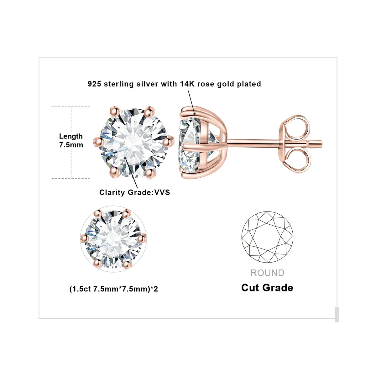 Round Moissanite Solitaire Stud Earrings in Three Metal Finishes