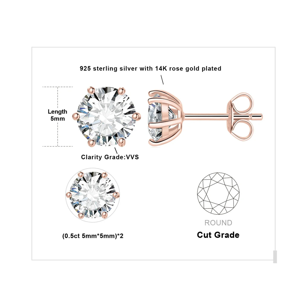 Round Moissanite Solitaire Stud Earrings in Three Metal Finishes