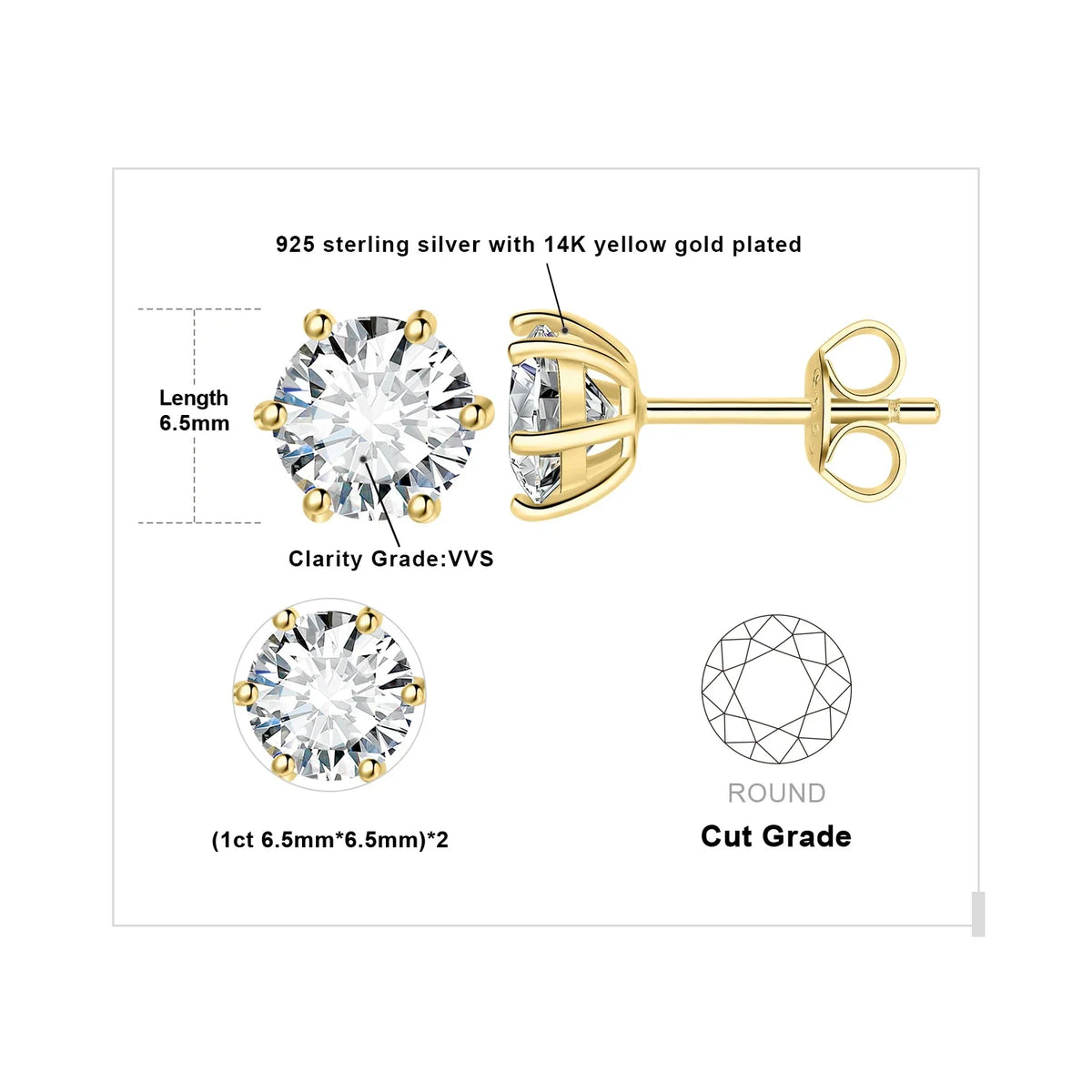 Round Moissanite Solitaire Stud Earrings in Three Metal Finishes