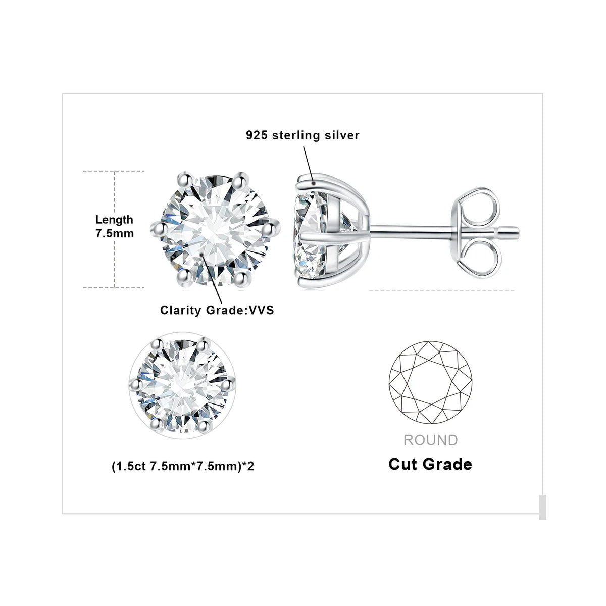 Round Moissanite Solitaire Stud Earrings in Three Metal Finishes