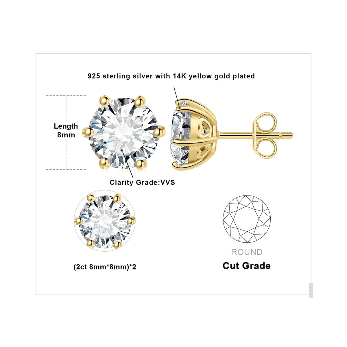 Round Moissanite Solitaire Stud Earrings in Three Metal Finishes