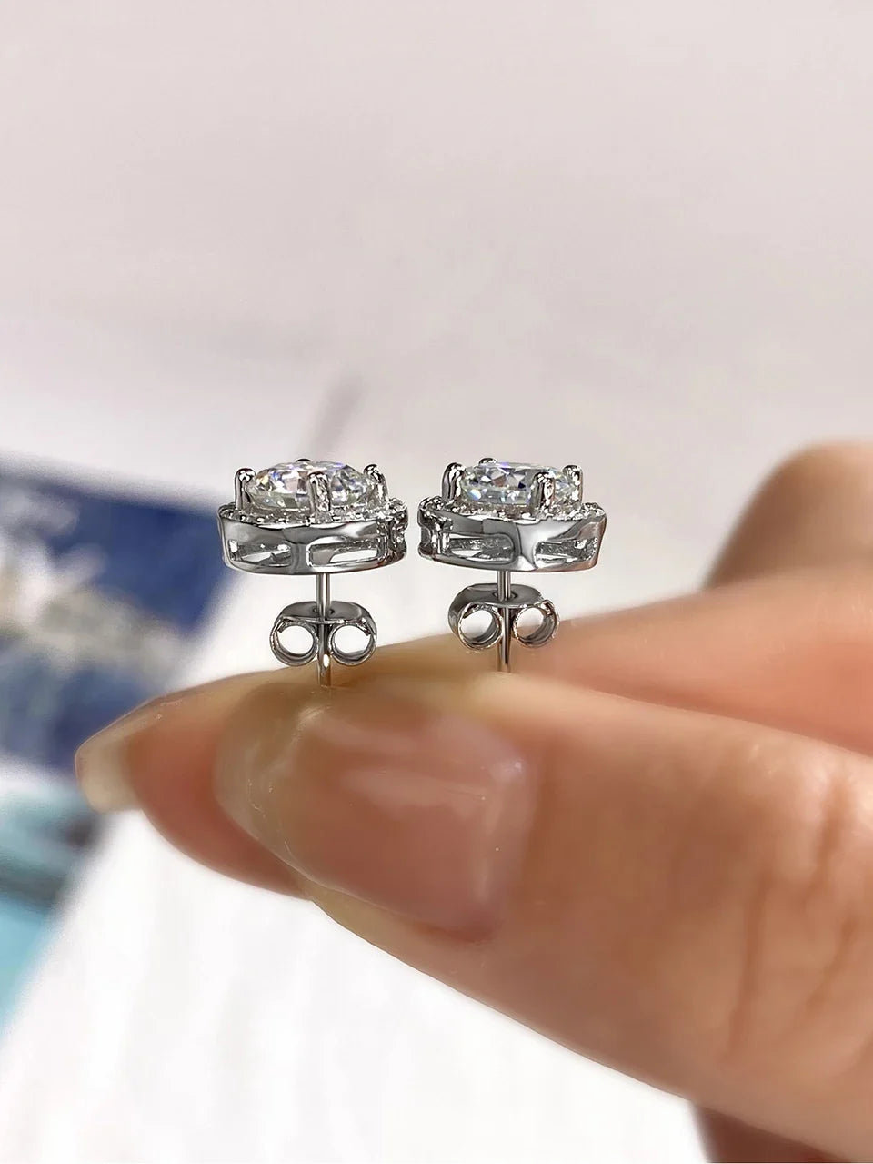 Round Halo Moissanite Stud Earrings in 925 Sterling Silver
