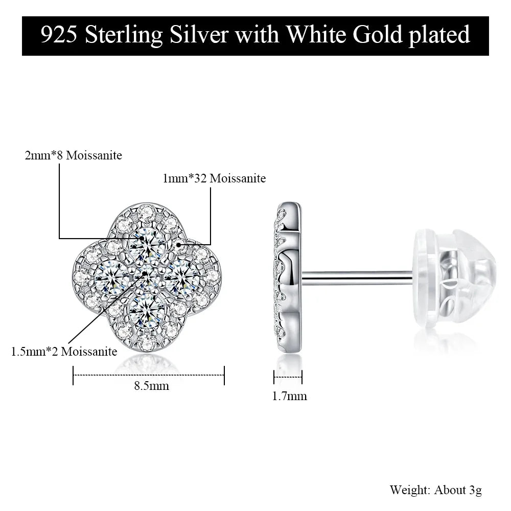 Moissanite Four-Leaf Clover Stud Earrings S925 Sterling Silver Women Gift