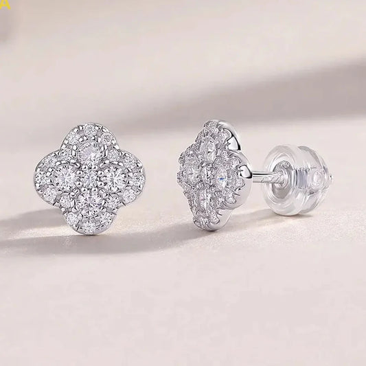 Moissanite Four-Leaf Clover Stud Earrings S925 Sterling Silver Women Gift
