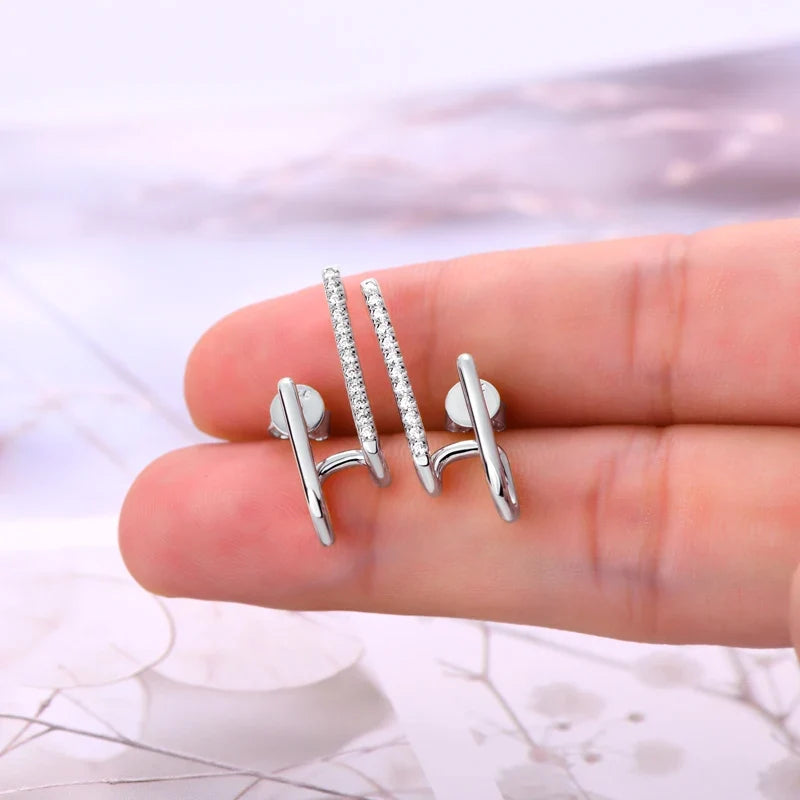 Geometric Double-Bar Moissanite Stud Earrings in Silver