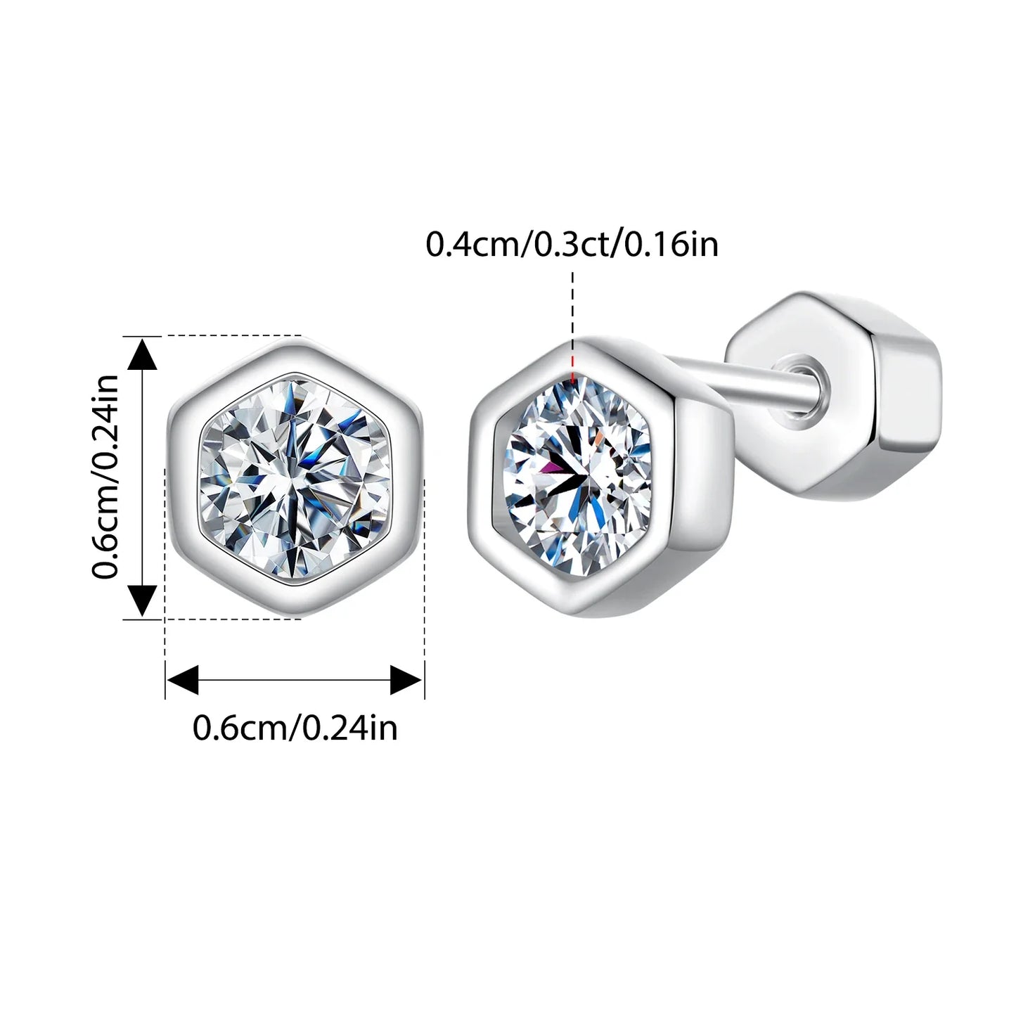 Moissanite Hexagonal Stud Earrings 925 Silver Screw-Back Bezel Gift