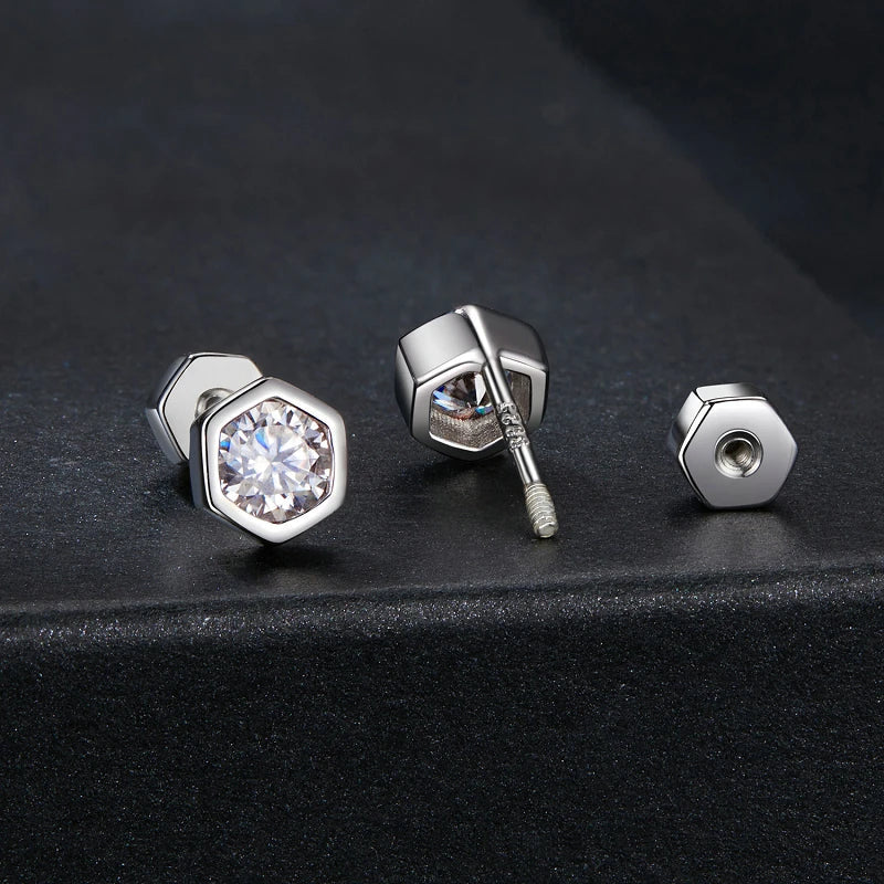 Moissanite Hexagonal Stud Earrings 925 Silver Screw-Back Bezel Gift