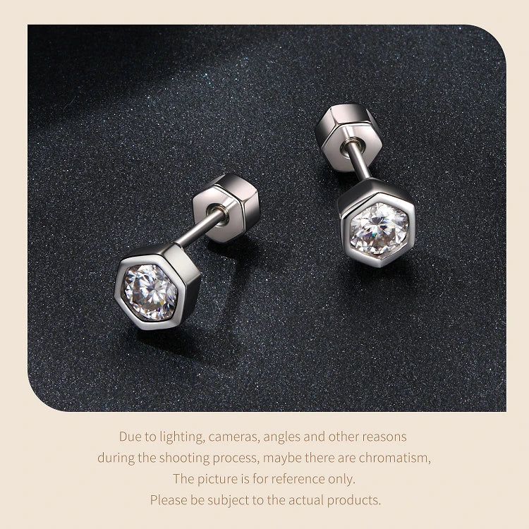 Moissanite Hexagonal Stud Earrings 925 Silver Screw-Back Bezel Gift