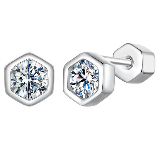 Moissanite Hexagonal Stud Earrings 925 Silver Screw-Back Bezel Gift