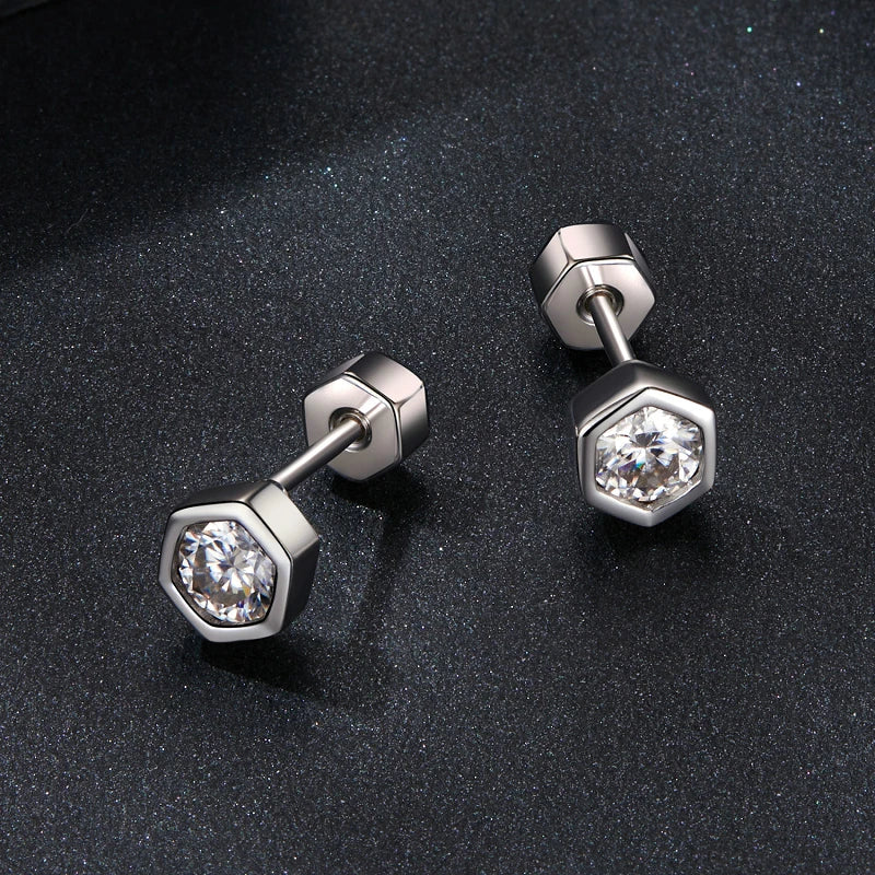 Moissanite Hexagonal Stud Earrings 925 Silver Screw-Back Bezel Gift