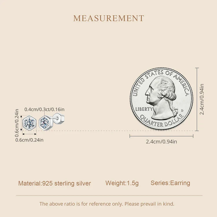 Moissanite Hexagonal Stud Earrings 925 Silver Screw-Back Bezel Gift