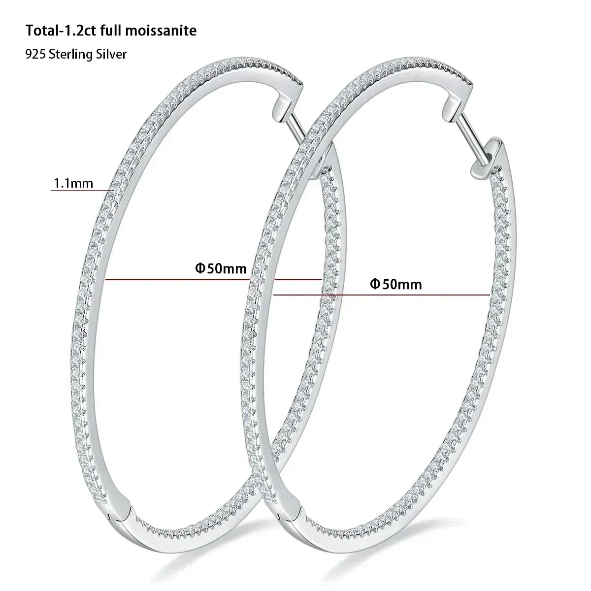 Moissanite Hoop Earrings 30/50mm Sterling Silver 925 Bridal Wedding Hoops