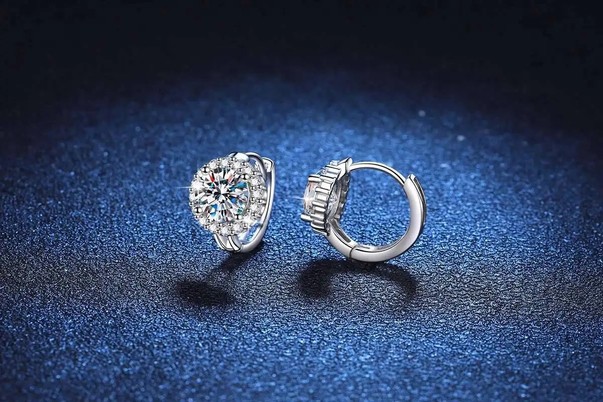 Round Halo Moissanite Hoop Earrings in 925 Sterling Silver