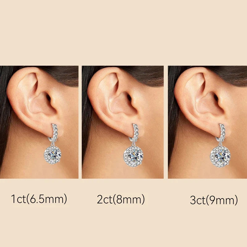 Round Halo Moissanite Huggie Drop Earrings in Sterling Silver