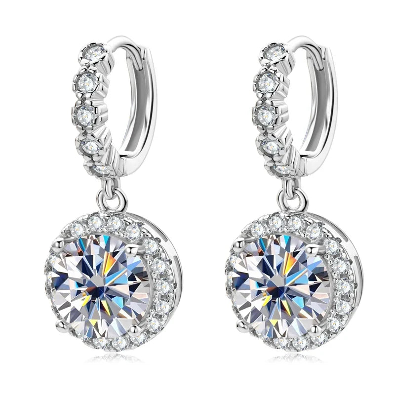 Round Halo Moissanite Huggie Drop Earrings in Sterling Silver