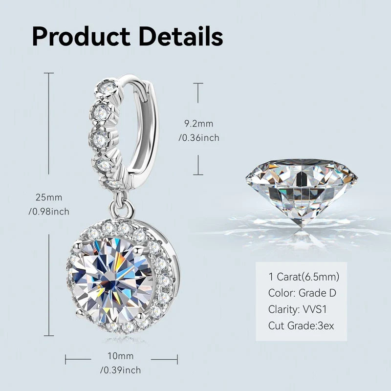 Round Halo Moissanite Huggie Drop Earrings in Sterling Silver