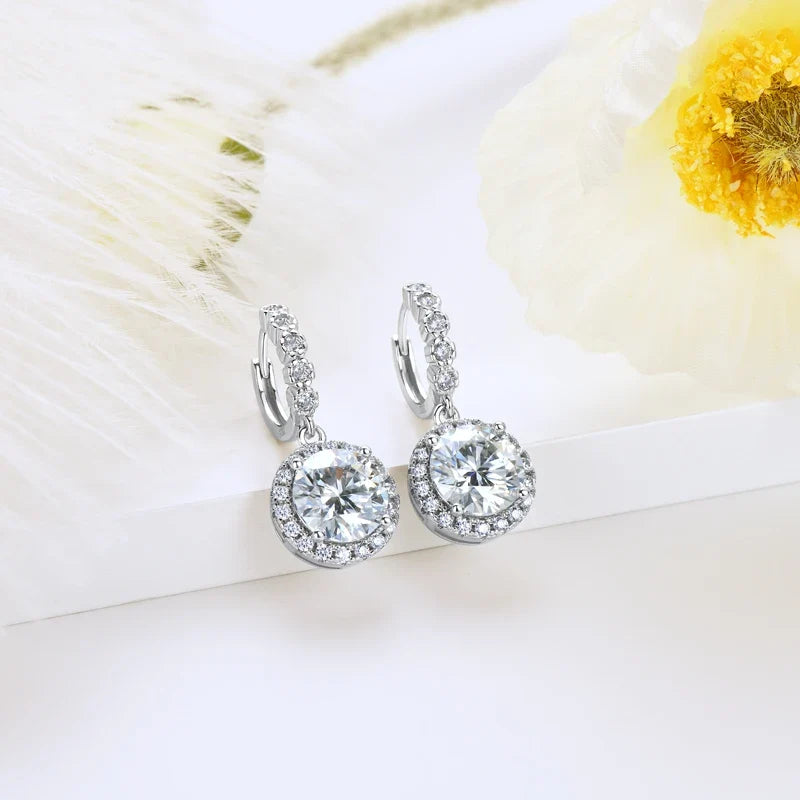Round Halo Moissanite Huggie Drop Earrings in Sterling Silver