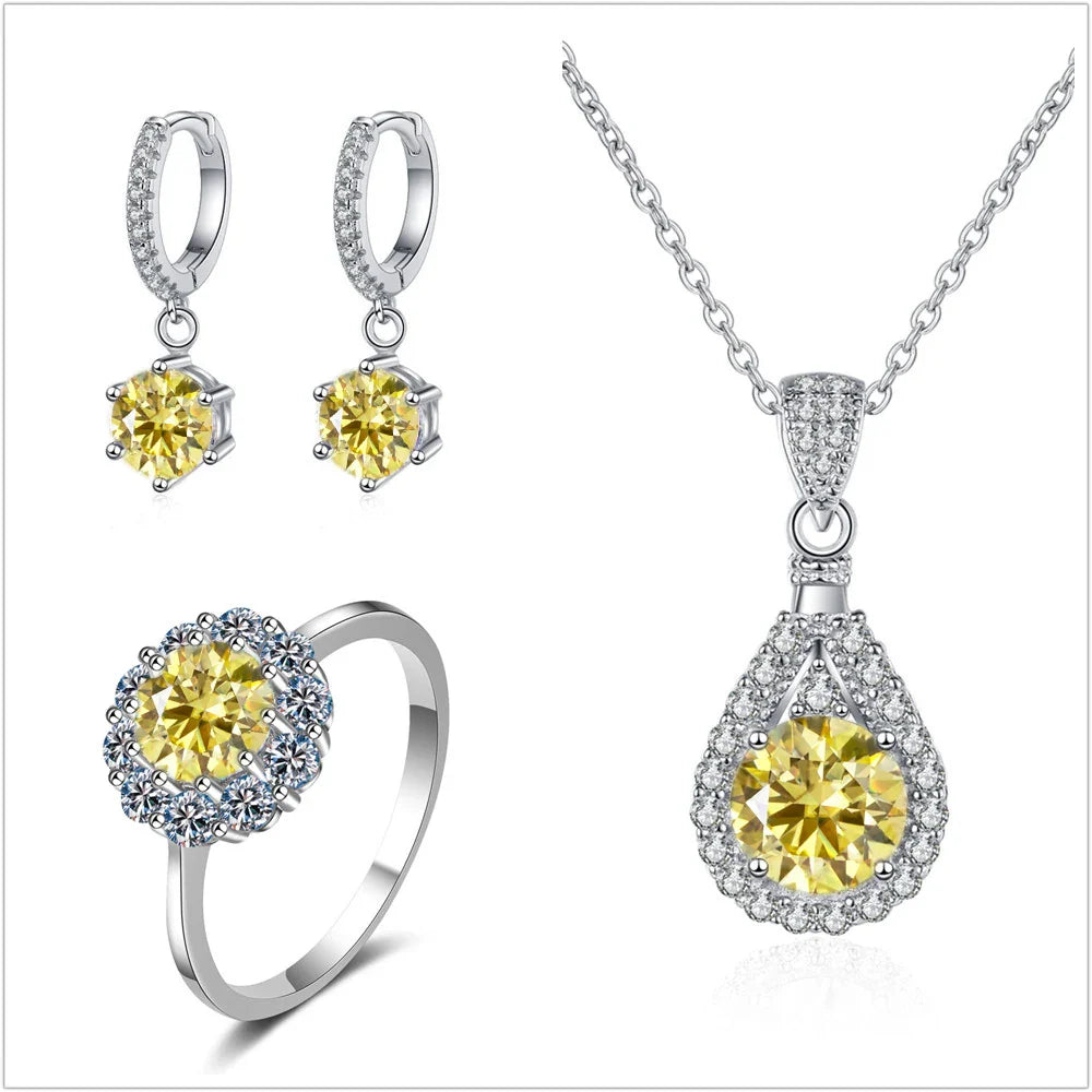 Moissanite Jewelry Set 925 Sterling Silver Ring Earring Pendant Necklace Bridal