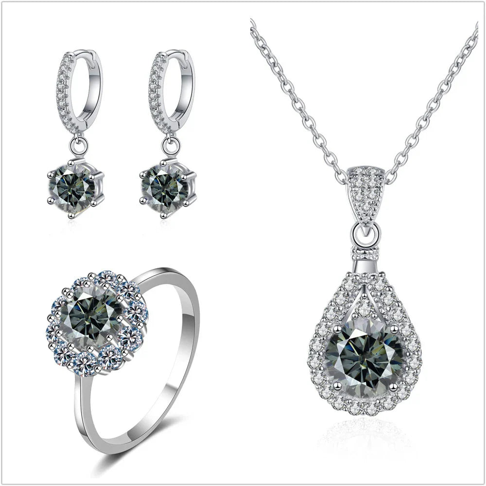 Moissanite Jewelry Set 925 Sterling Silver Ring Earring Pendant Necklace Bridal