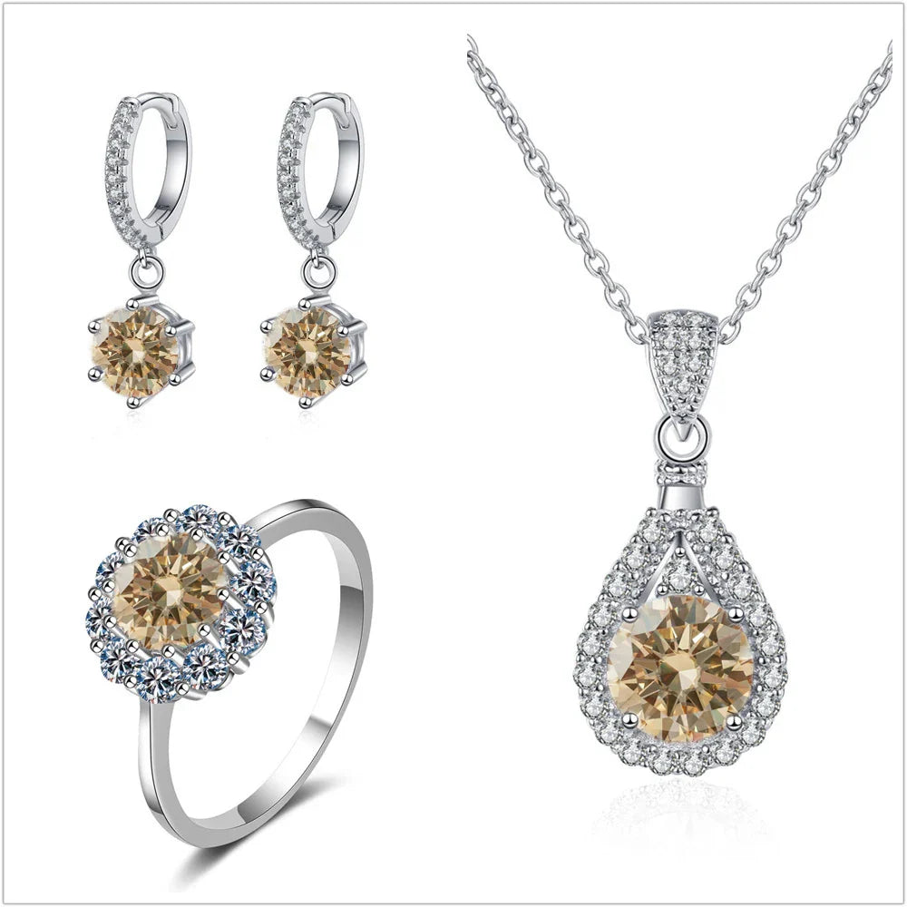 Moissanite Jewelry Set 925 Sterling Silver Ring Earring Pendant Necklace Bridal