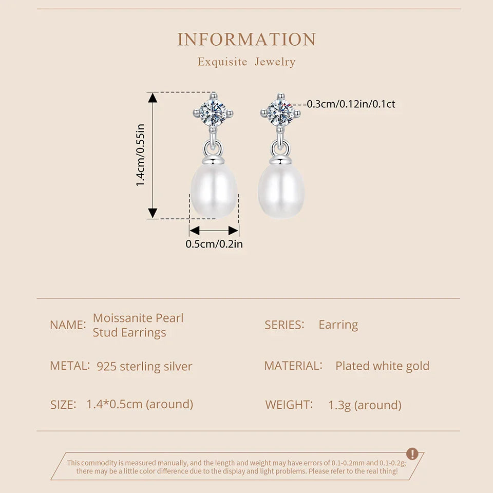 Moissanite Pearl Drop Earrings 925 Sterling Silver 0.1ct Dainty Mom Gift